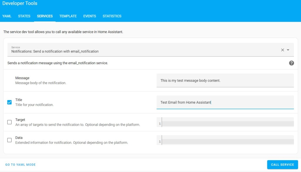 Home Assistant testing email notification example