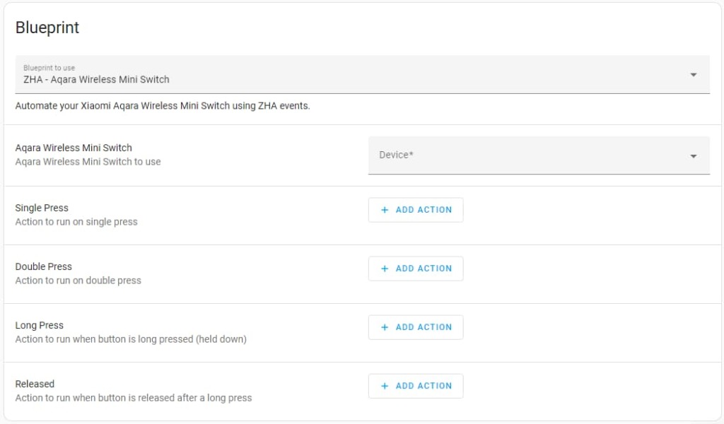 Aqara Wireless Mini Switch Blueprint configuration page