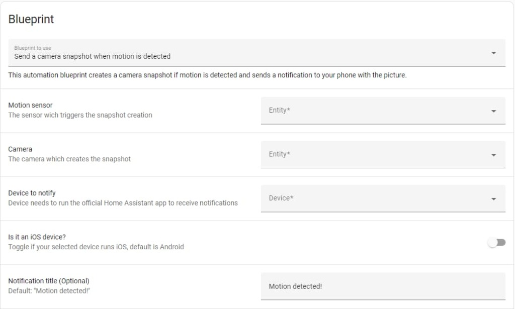 Camera snapshot when motion detected blueprint configuration page