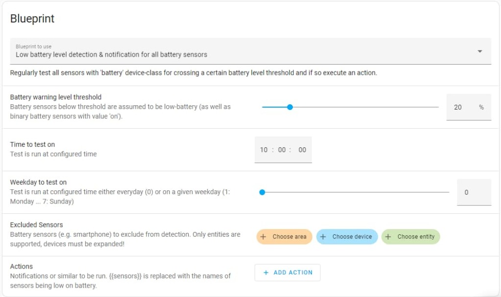 Home Assistant Low Battery Level Detection Blueprint configuration page