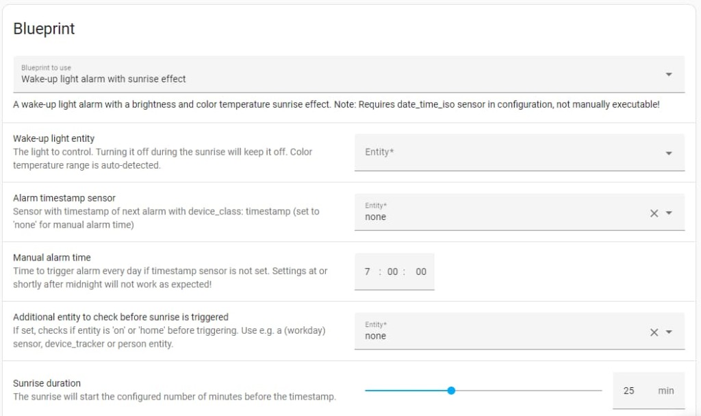 Home Assistant Wake-up light alarm with sunrise effect blueprint configuration page