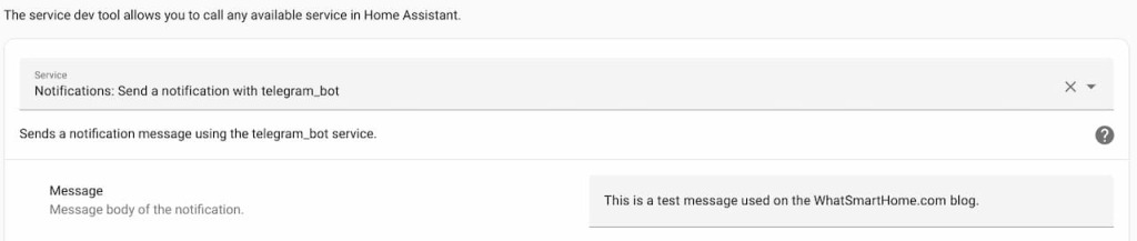 Testing Telegram Notifications from Home Assistant Service Page