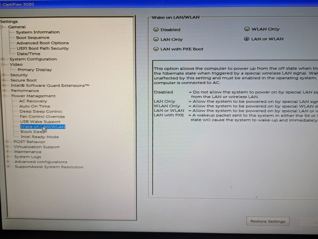 Dell Optiplex BIOS - Wake on LAN settings