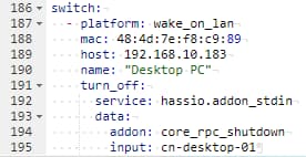 Home Assistant WoL switch configured with turn off functionality.