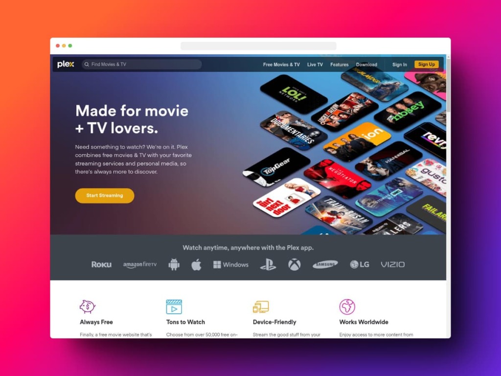 Homepage of Plex.tv