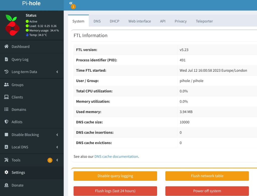 Pi-hole admin settings page