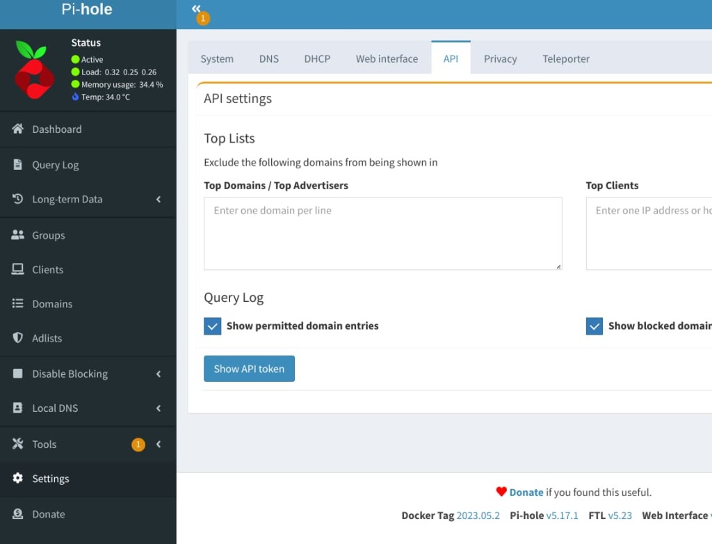 Pi-hole admin api settings page