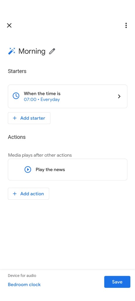 Example morning routine in Google Home to wake up to the news at 7am