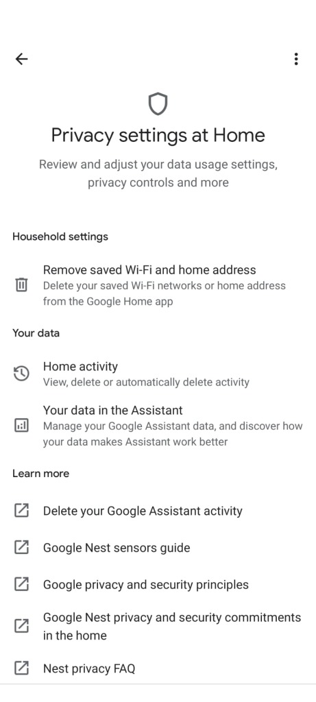 Google Home app privacy settings screen