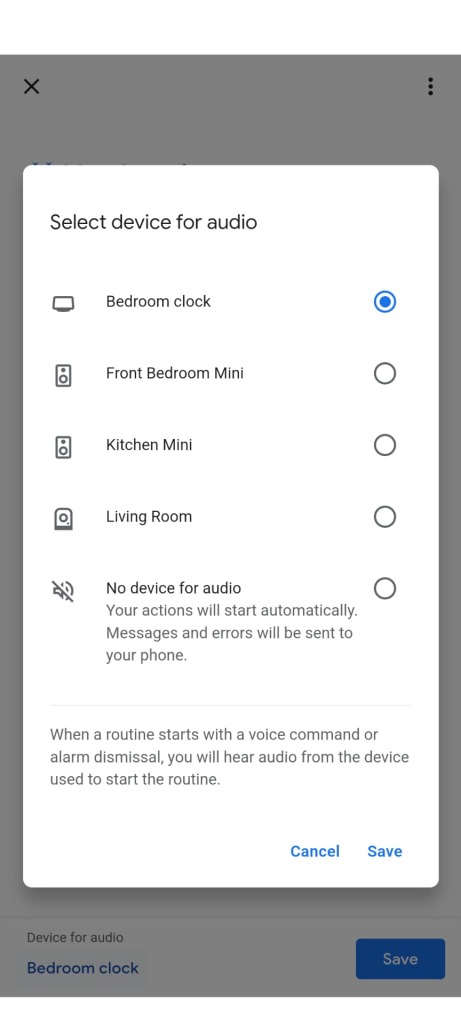 Google Home routine device selection for audio output