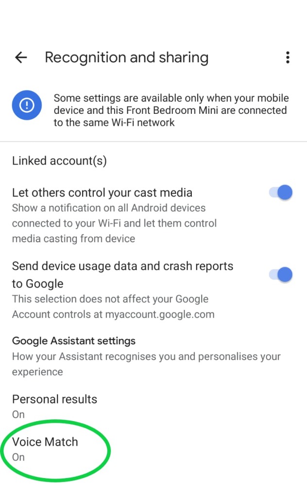 Google Nest Mini recognition settings inside the Google Home app