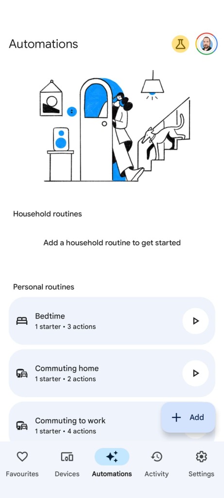 Google Home routines screen in the Google Home app