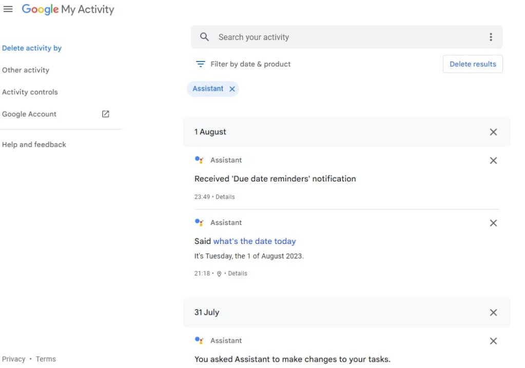 Google My Activity Page - Filtered to show Assistant activity
