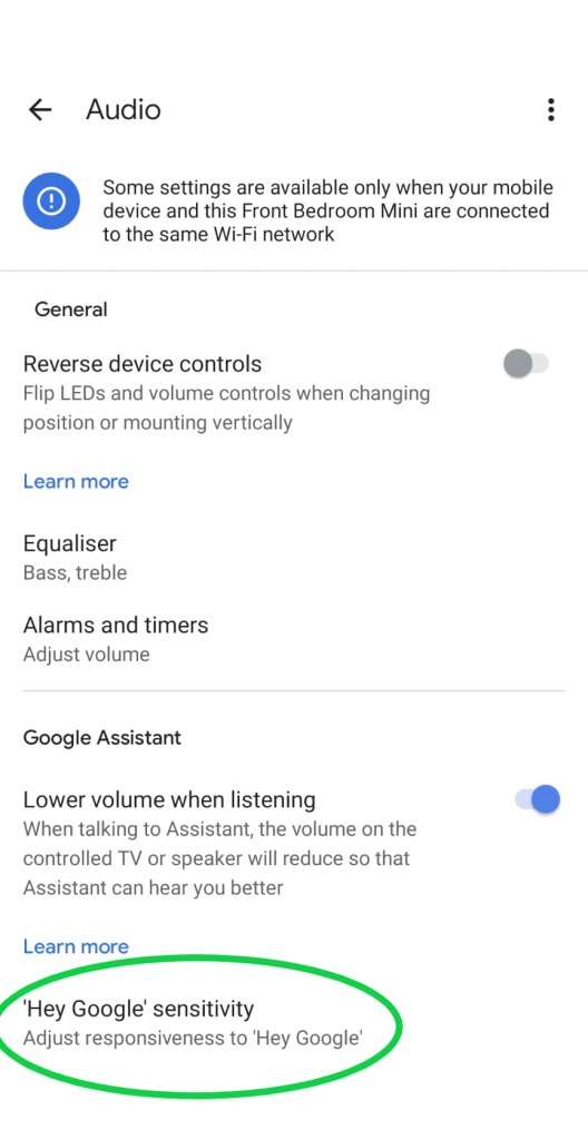 Google Nest Mini audio settings for Hey Google sensitivity