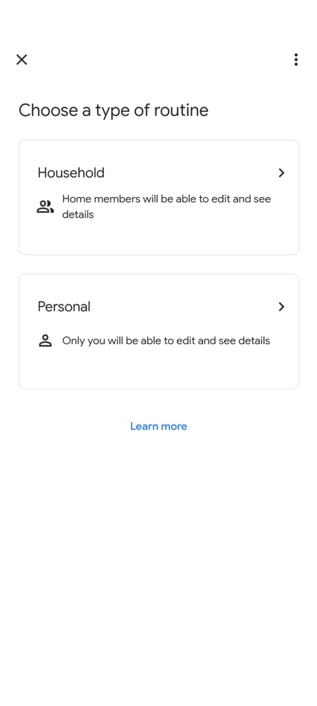 Google Home routine type selection page