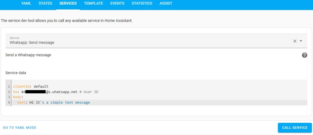 Sending a text message from Home Assistant to a WhatsApp number