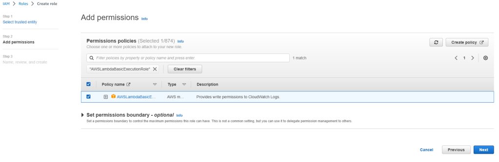 AWS Lambda role creation - step 2