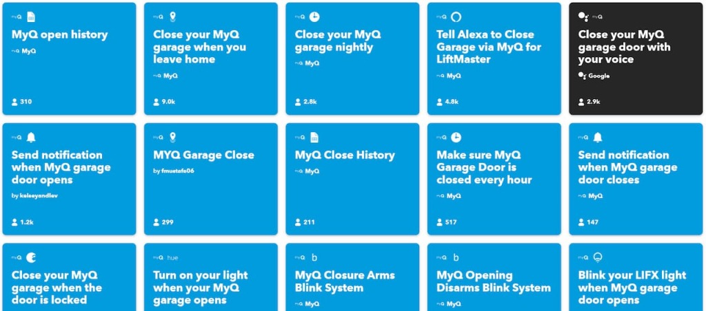 A selection of myQ applets available on IFTTT portal.