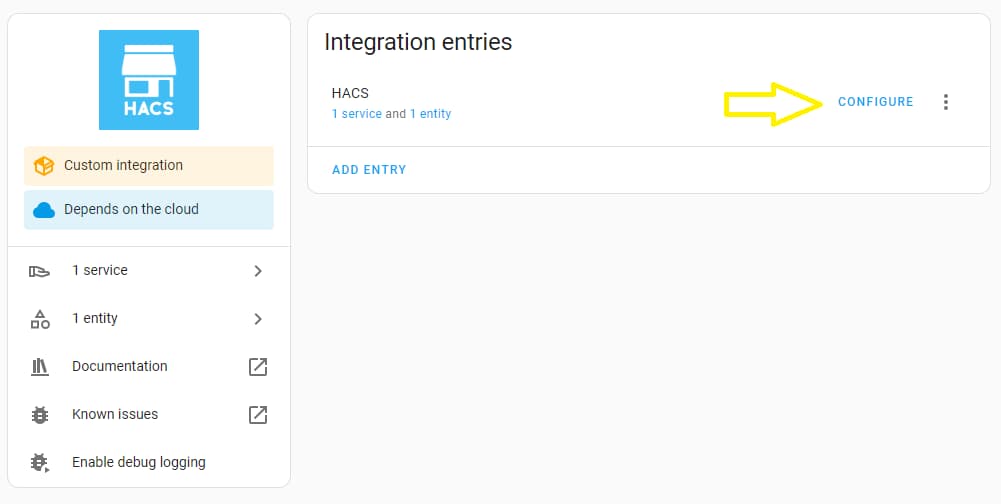 Configuring the HACS addon